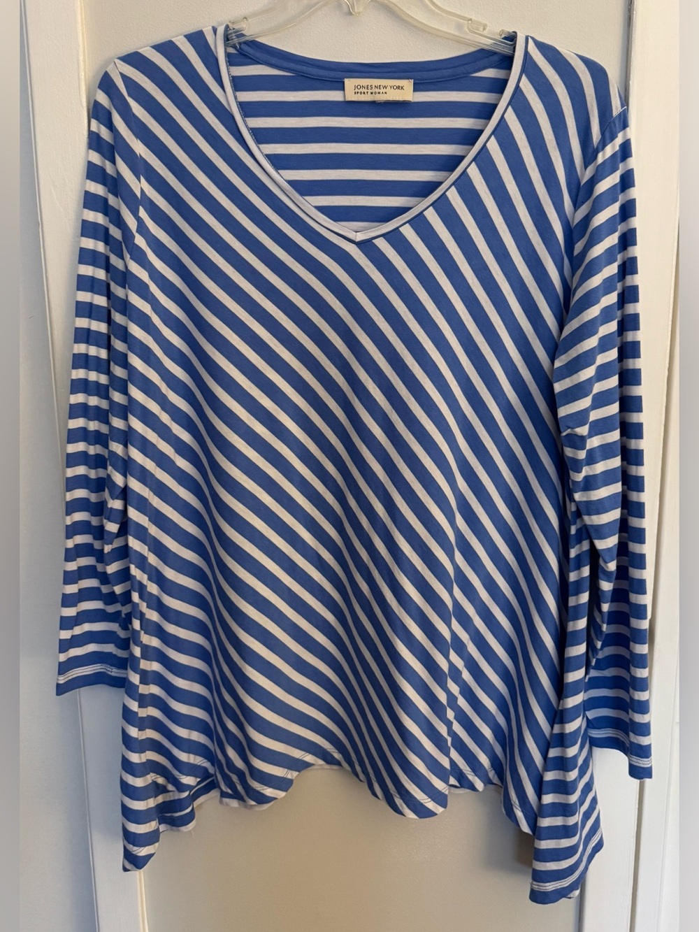 Jones New York Sport Blue White Stripe V-Neck Flare Hem Tunic Top